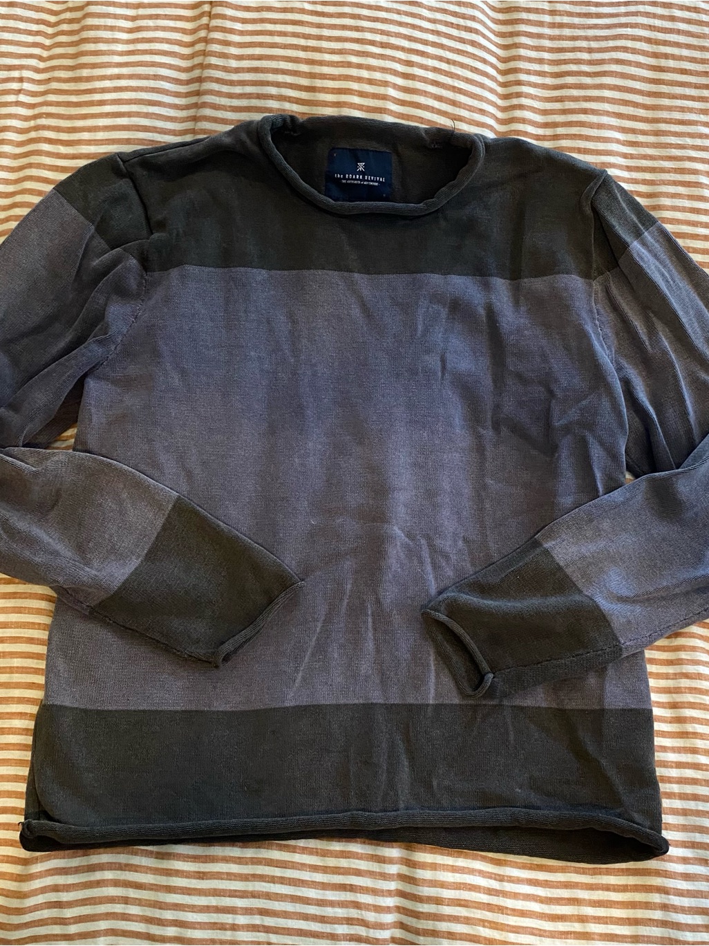 Roark Revival 100% Cotton Sweater Medium Washed Gray Purple Rolled Hems Stripe